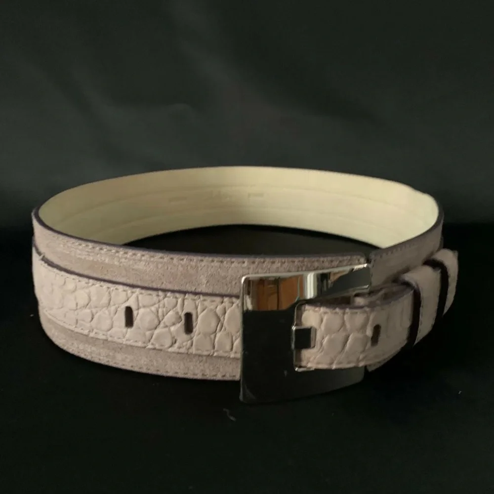 Wide gray suede Cole Haan statement belt w/big silver buckle Sz M NWOT